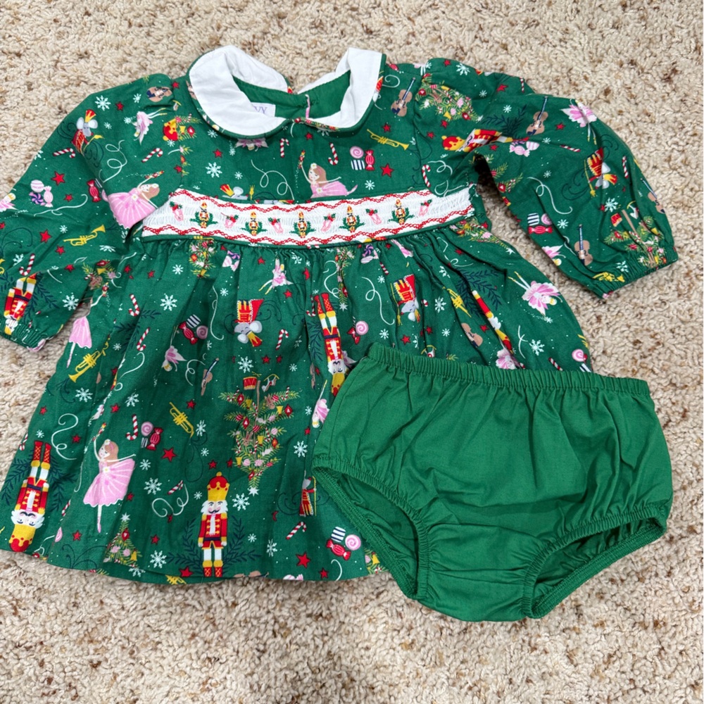 iris & ivy Green Nutcracker Print Smocked Dress with Bloomers